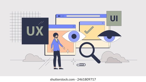UI and UX design for website development tiny person neubrutalism concept. User experience and interface coding or testing for responsive landing pages vector illustration. Digital project management