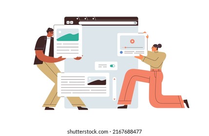 UI UX design of website page interface. Web designers creating layout of webpage elements. People making, arranging visual and text content. Flat vector illustration isolated on white background