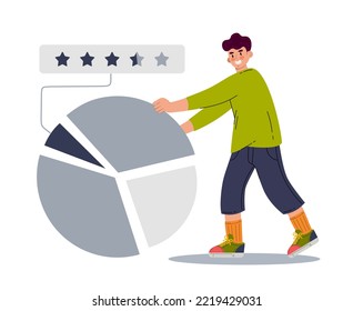 Ui ux designer arrangement interface elements of the application and sites. A man looks at the statistics of a mobile application. Vector illustration 