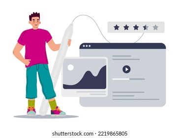 Ui ux designer arrangement interface elements of the application and sites. A man with a stylus disassembles the design of the site. Vector illustration 