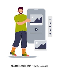 Ui ux designer arrangement interface elements of the application and sites. The man is working with a mobile application. Vector illustration 