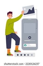 Ui ux designer arrangement interface elements of the application and sites. The man is working with a mobile application. Vector illustration 