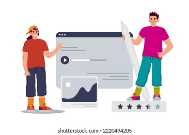 Ui ux diseñador componer elementos de interfaz de la aplicación y sitios. Dos hombres están trabajando en un proyecto. Ilustración del vector 