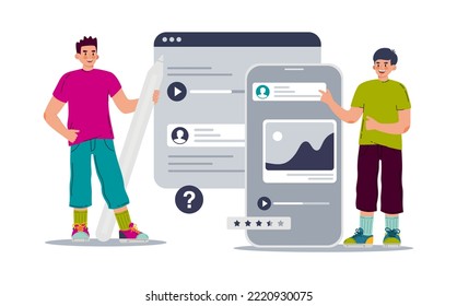 Ui ux designer arrangement interface elements of the application and sites. Two men are working on a project. Vector illustration 