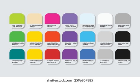 UI UX Designer Color Guide Palette with Color Names. Catalog Sample UI UX Designers with RGB HEX codes and Names. user interface Designer Color Palette, fashion trend light base neon Color Palette.