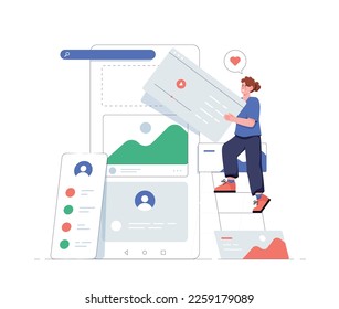 UI and UX designer. Woman develops interface for smartphone, design for website. Freelancer and coworker, remote employee. Setting and dashboard. Cartoon flat vector illustration