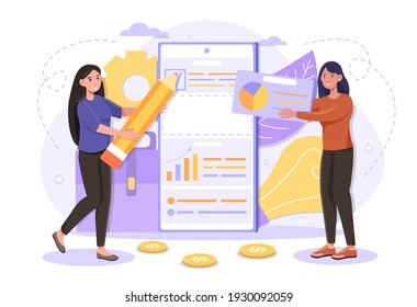 Ui and ux designer is working on business planning app development. Concept of easy to edit and customize organizer. Monetize concept. Flat outline abstract cartoon people vector illustration.