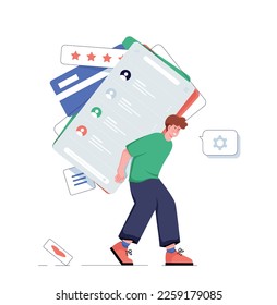 UI and UX designer. Young guy developing interface for website page with feedback and customer reviews. Creative person and freelancer. Template and mock up. Cartoon flat vector illustration