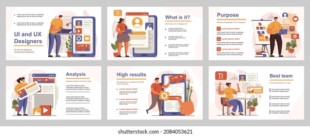 UI and UX designers concept for presentation slide template. People developers create and optimize layouts interfaces for mobile applications. Vector illustration with flat persons for layout design