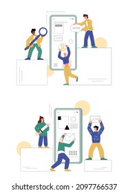 UI and UX designers create interface wireframe for website or mobile app. Application interface creation process, flat vector illustration isolated on white background.