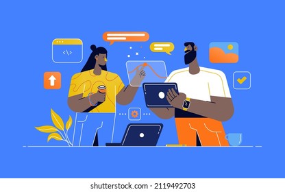 UI and UX designers creating functional web interface design for websites and mobile apps. Digital wireframing process concept. Colored flat vector illustration isolated on blue background