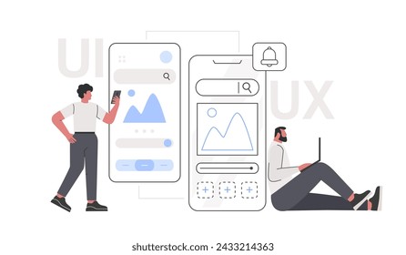 UI and UX designers creating and testing functional interface for mobile apps. Vector illustration of team characters working on web interface.