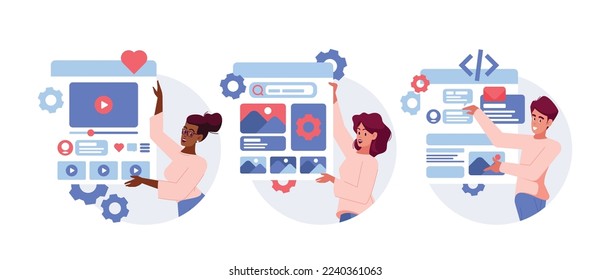 Ui Or Ux Designers Isolated Round Icons or Avatars. Team Create Design Of User Interface On Mobile Device. Characters Create Application or Website Design Wireframe. Cartoon People Vector Illustration