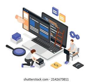 UI and UX designers isometric composition with small people creating custom design for web site 3d vector illustration