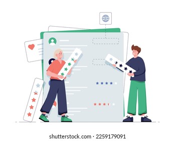 UI and UX designers. Man and woman developing page for customer reviews and feedback. Ranking and rating. Template, layout and mock up, interface for mobile app. Cartoon flat vector illustration