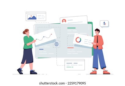 UI and UX designers. Man and woman with graphs and charts. Dashboard and visualization. Creative personalities develop infographics, interface for programs and apps. Cartoon flat vector illustration