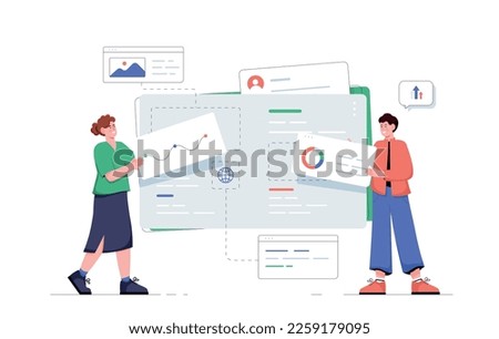 UI and UX designers. Man and woman with graphs and charts. Dashboard and visualization. Creative personalities develop infographics, interface for programs and apps. Cartoon flat vector illustration
