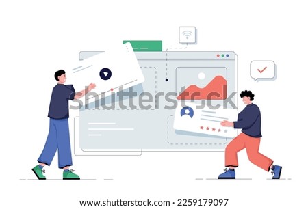 UI and UX designers. Men develop design for website page. Creative individuals and freelancers in workplace. People working on common project. Cartoon flat vector illustration
