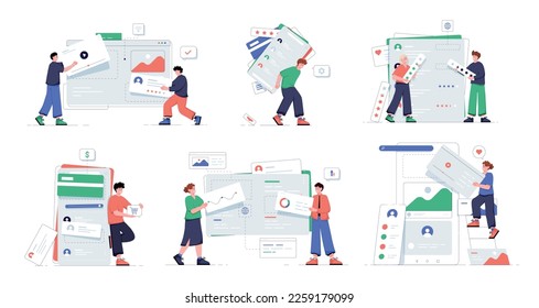 UI and UX designers Set. Collection of freelancers and people working on interface of programs and applications. Wireframing process. Cartoon flat vector illustrations isolated on white background