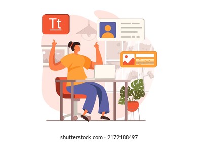 Concepto web de diseñadores Ui y Ux en diseño plano. Mujer creando y optimizando el diseño de la interfaz, colocando contenido y texto, dibujando elementos, trabajando en laptop. Ilustración vectorial con escena de personas