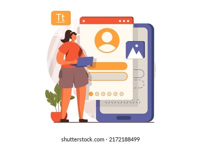 Ui and ux designers web concept in flat design. Woman creating and optimizing interface layout for smartphone applications and working on computer in office. Vector illustration with people scene