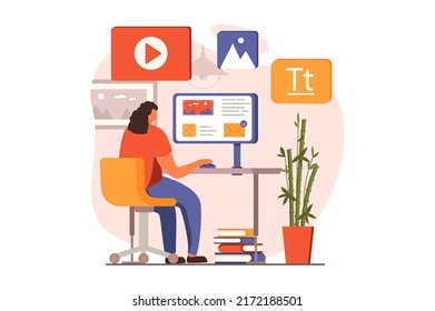 Ui and ux designers web concept in flat design. Woman creating and optimizing interface layout for smartphone applications and working on computer in office. Vector illustration with people scene