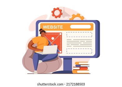 Ui and ux designers web concept in flat design. Woman creating and optimizing interface layout for webpages, placing content and text blocks, working on laptop. Vector illustration with people scene