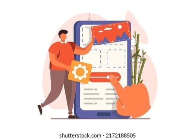 Concepto web de diseñadores Ui y Ux en diseño plano. El usuario coloca bloques con botones de exploración de contenido y menú, crea y optimiza el diseño de la interfaz para la aplicación. Ilustración vectorial con escena de personas