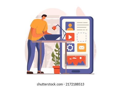 Ui und ux Designer Web-Konzept in flachem Design. Man zeichnet Menütasten und Schnittstellenelemente für Smartphone auf Grafiktabletten, platziert und optimiert das Layout. Vektorgrafik mit Menschen-Szene