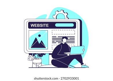 UI e UX designers web conceito com pessoas planas para design de site. Man trabalha no laptop, criando interface de site e modelo de aplicativo móvel, construindo a navegação na tela. Ilustração vetorial.