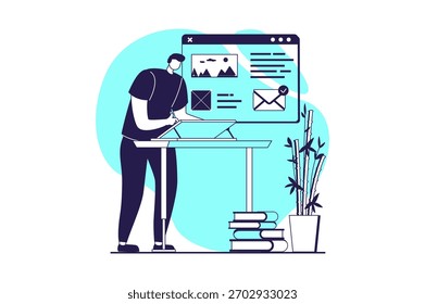 UI und UX Designer Webkonzept mit flachen Menschen für Website-Design. Mann arbeitet mit Website-Vorlage, Engineering-Schnittstelle visuellen Prototyp mit mobilen Anwendungen an der Plattform. Vektorgrafik.