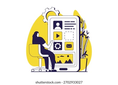 Concepto de Web de diseñadores de UI y UX con personas planas para el diseño de Sitios web. Mujer que crea la interfaz del sitio, colocando la Plantilla de los Botones y de las aplicaciones móviles, menú de la ingeniería en la pantalla. Ilustración vectorial.
