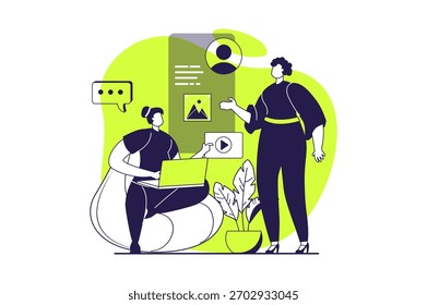 UI and UX designers web concept with flat people for website design. Women work in team, creating site interface, engineering mobile applications template, fixing prototypes. Vector illustration.