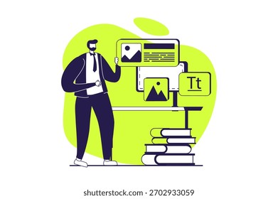 UI and UX designers web concept with flat people for website design. Man working with visual prototype and interface template, organizing structure, creating buttons navigation. Vector illustration.