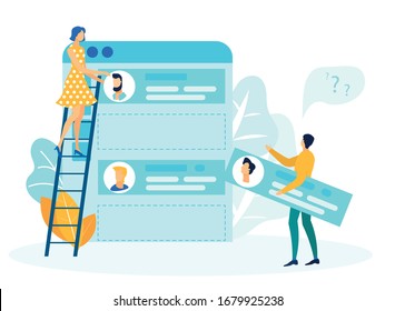 UI, UX Designers at Work Flat Vector Illustration. Male and Female Developer Cartoon Characters. Woman Standing on Ladder, Man Holding User Interface Element. Mobile App Development Metaphor