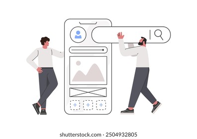 UI and UX designers is working on mobile application. People characters creating functional app interface. Flat vector illustration isolated on white background.