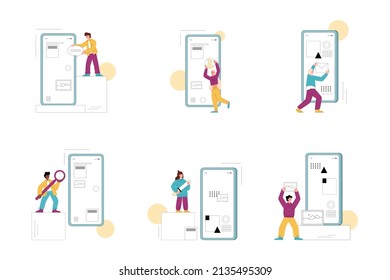 UI and UX designing process, characters creating mobile app interface - flat vector illustration isolated on white. Set of abstract scenes with studio or agency workers develop web platform.