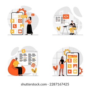 UI UX development concept with character set. Collection of scenes people creating user interface layouts, working with programming code and making mobile app. Vector illustrations in flat web design
