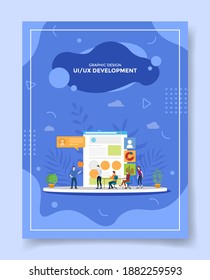 ui ux development concept people programmer designer developer computer wireframe display for template of banners, flyer, books cover, magazines with liquid shape style