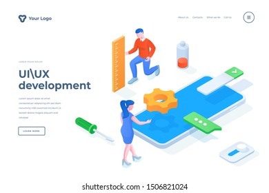UI, UX development isometric landing page template. Cartoon programmers designing mobile application page interface. Responsive website development, usability testing services homepage design