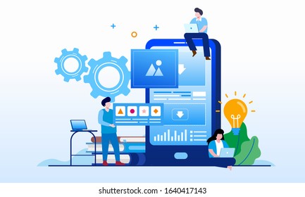 UI & UX development startup technology, programming website, mobile phone, interface developer landing page website illustration flat vector template 