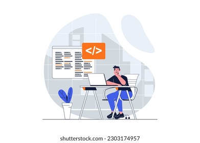UI UX development web concept with character scene. Man creating code and working with testing prototype. People situation in flat design. Vector illustration for social media marketing material.