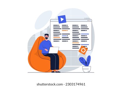 UI UX development web concept with character scene. Man coding and testing code for making wireframe template. People situation in flat design. Vector illustration for social media marketing material.