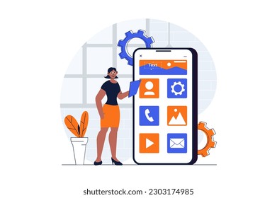 UI UX development web concept with character scene. Woman making wireframe template for mobile applications. People situation in flat design. Vector illustration for social media marketing material.