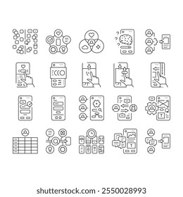 ui ux digital develop code app icons set vector. shop marketing, mobile agency, tool api, website computer, mockup commerce, workflow ui ux digital develop code app black contour illustrations