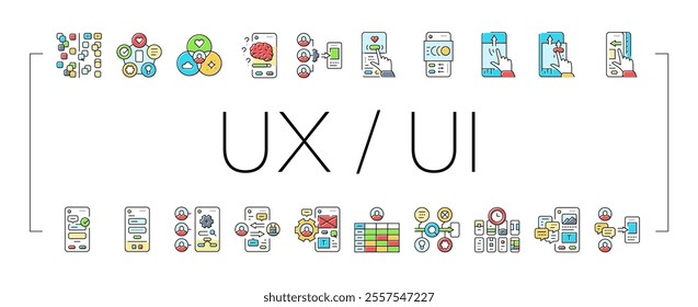 ui ux digital develop code app icons set vector. shop marketing, mobile agency, tool api, website computer, mockup commerce, workflow ui ux digital develop code app color line illustrations