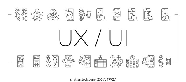 ui ux digital develop code app icons set vector. shop marketing, mobile agency, tool api, website computer, mockup commerce, workflow ui ux digital develop code app black contour illustrations