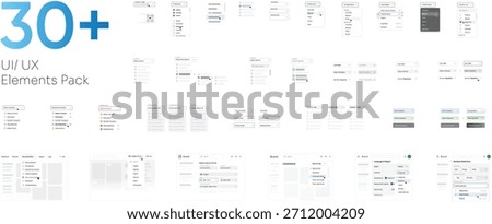 UI UX elements blueprint kit. Clean wireframe components, dropdown menus, tables and dashboard layouts. Interface design systems, product prototypes, web app mockup and design presentation pitch deck