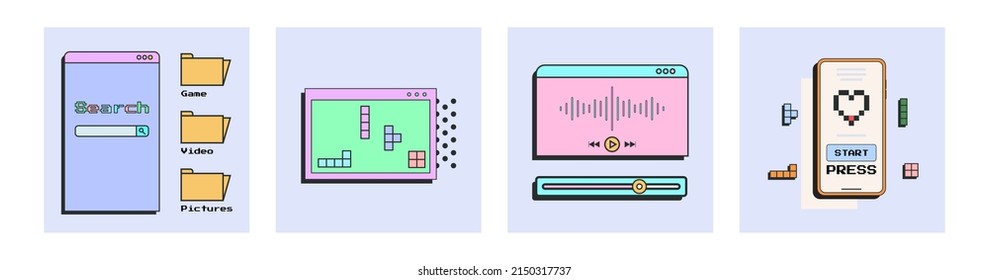 UI UX elements in retro style poster set with different buttons. Web design 80's.
