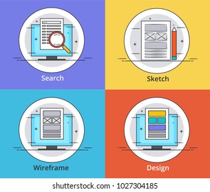  ui and ux frames process , sketching for client. Modern vector illustration concept, isolated on Colors background.